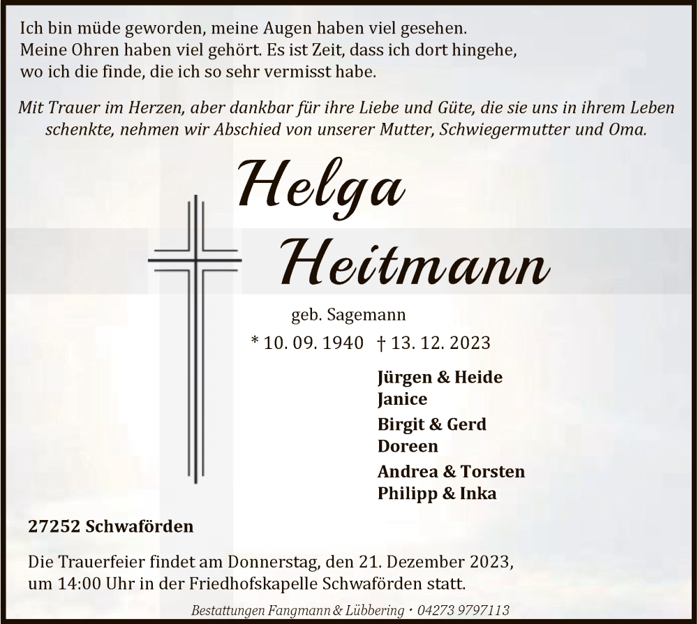  Traueranzeige für Helga Heitmann vom 16.12.2023 aus SYK