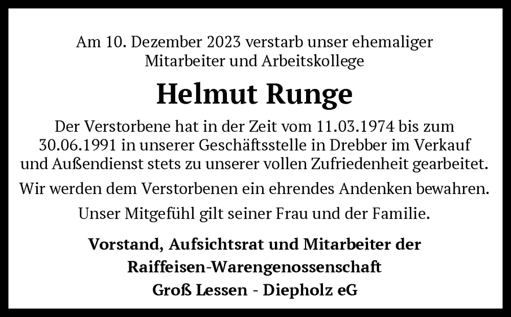  Traueranzeige für Helmut Runge vom 15.12.2023 aus SYK