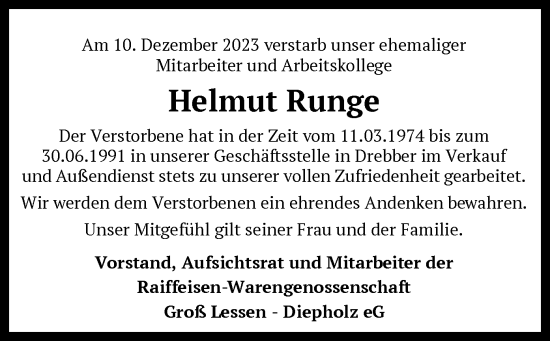 Traueranzeige von Helmut Runge von SYK