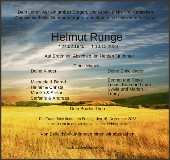 Traueranzeige von Helmut Runge von SYK