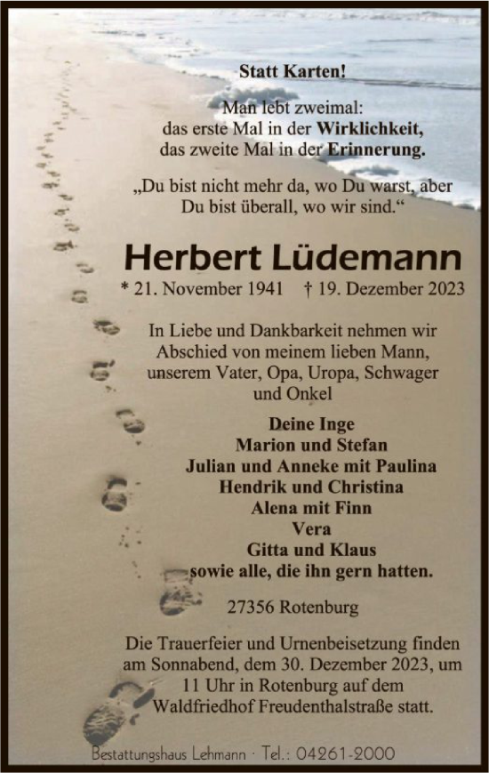 Traueranzeige von Herbert Lüdemann von SYK