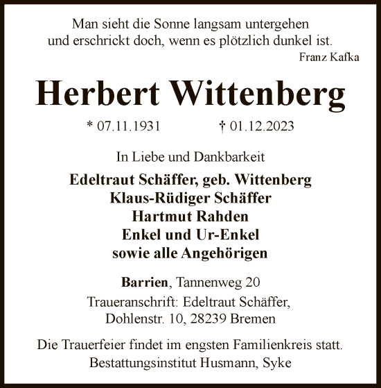 Traueranzeige von Herbert Wittenberg