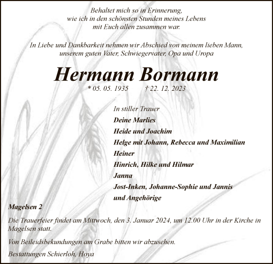 Traueranzeige von Hermann Bormann von SYK