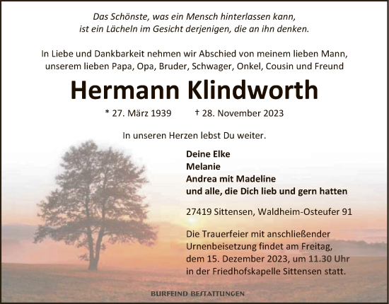 Traueranzeige von Hermann Klindworth von SYK