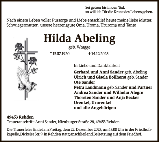 Traueranzeige von Hilda Abeling von SYK