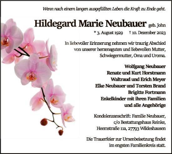 Traueranzeige von Hildegard Neubauer von SYK