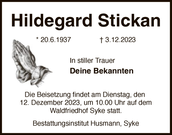 Traueranzeige von Hildegard Stickan