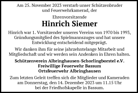 Traueranzeige von Hinrich Siemer von SYK