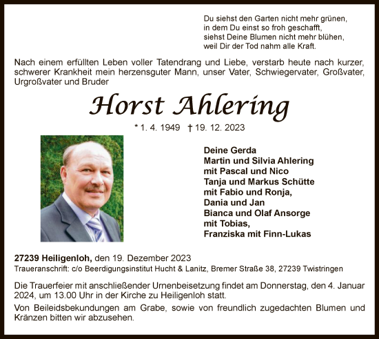 Traueranzeige von Horst Ahlering von SYK