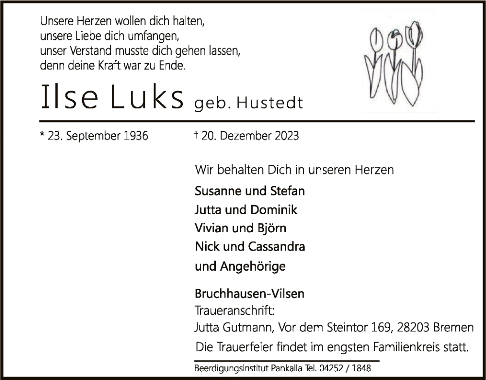  Traueranzeige für Ilse Luks vom 23.12.2023 aus SYK