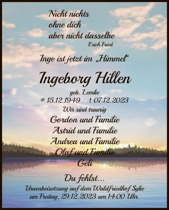 Traueranzeige von Ingeborg Hillen von SYK