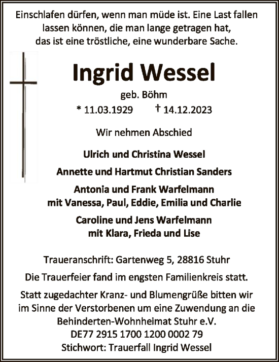 Traueranzeige von Ingrid Wessel von SYK