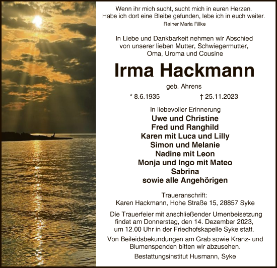 Traueranzeige von Irma Hackmann