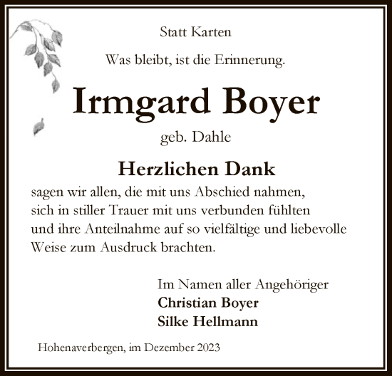 Traueranzeige von Irmgard Boyer von SYK