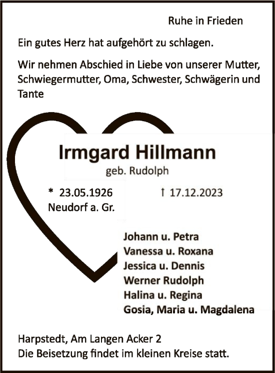 Traueranzeige von Irmgard Hillmann von SYK