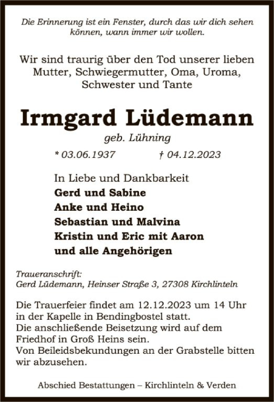 Traueranzeige von Irmgard Lüdemann von SYK