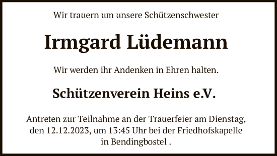 Traueranzeige von Irmgard Lüdemann von SYK