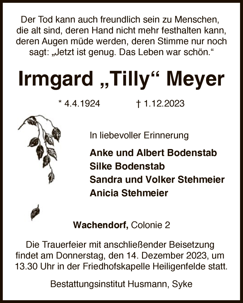 Traueranzeige für Irmgard Meyer vom 06.12.2023 aus SYK
