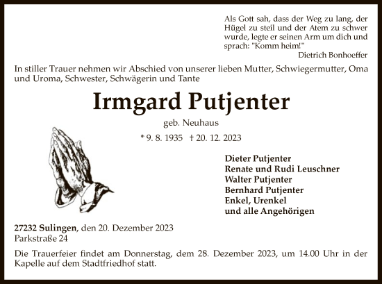 Traueranzeige von Irmgard Putjenter von SYK