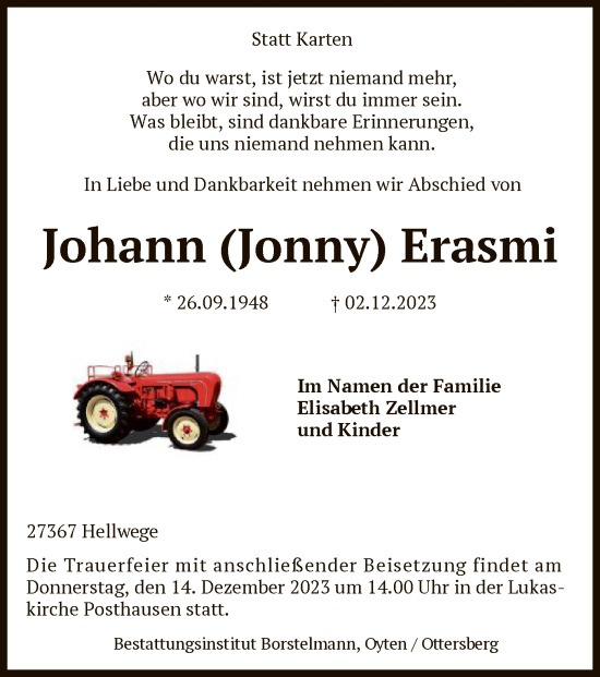 Traueranzeige von Johann Erasmi von SYK