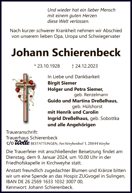 Traueranzeige von Johann Schierenbeck von SYK