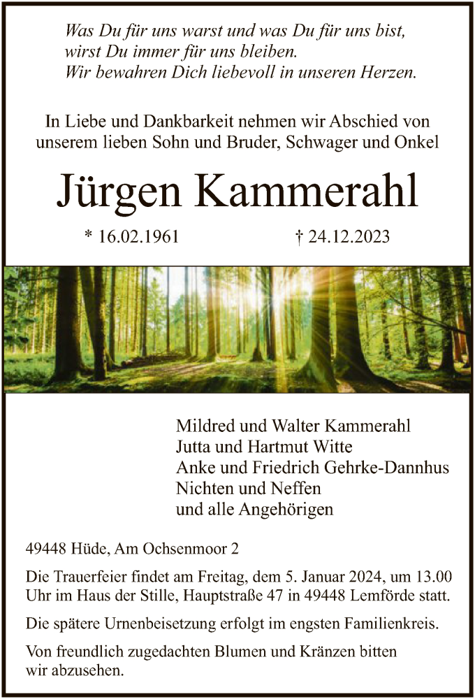  Traueranzeige für Jürgen Kammerahl vom 30.12.2023 aus SYK