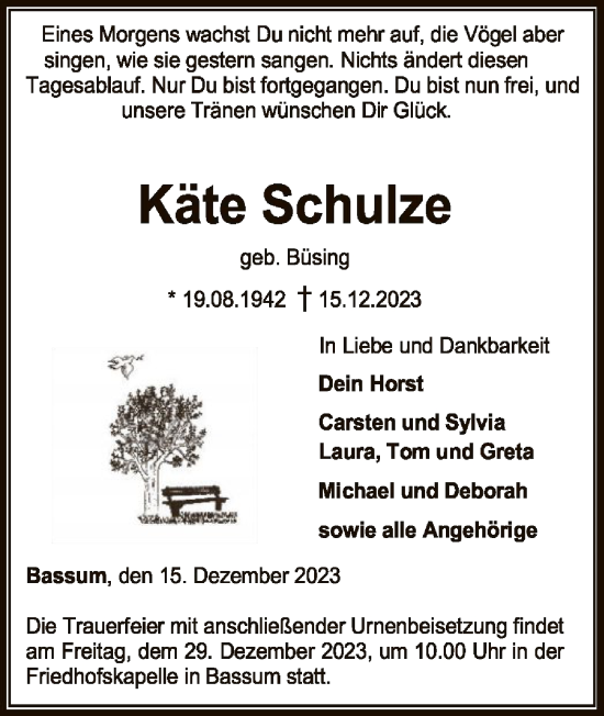 Traueranzeige von Käte Schulze von SYK