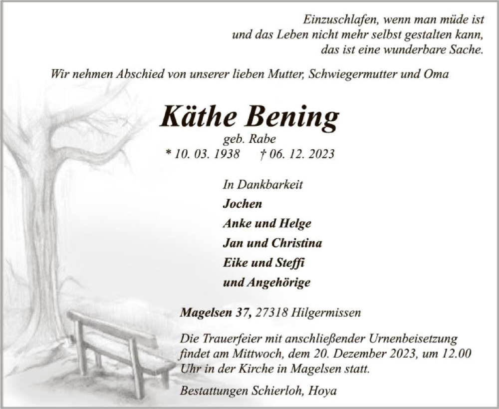  Traueranzeige für Käthe Bening vom 16.12.2023 aus SYK