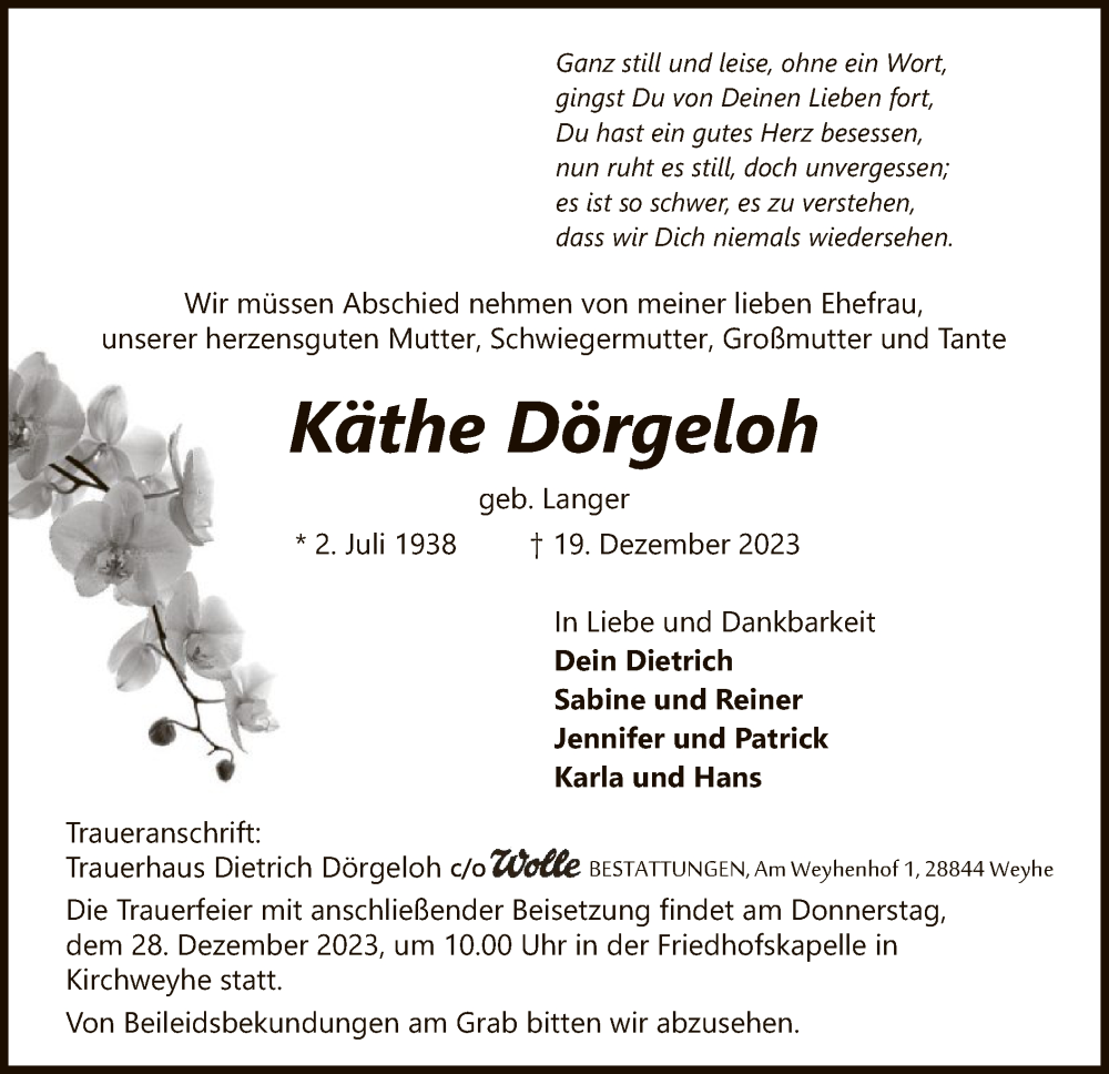  Traueranzeige für Käthe Dörgeloh vom 23.12.2023 aus SYK