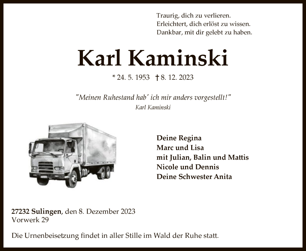  Traueranzeige für Karl Kaminski vom 13.12.2023 aus SYK