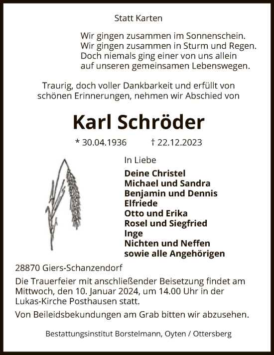 Traueranzeige von Karl Schröder von SYK