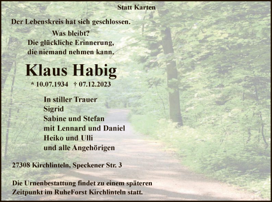 Traueranzeige von Klaus Habig von SYK