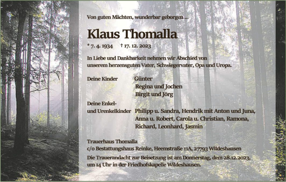  Traueranzeige für Klaus Thomalla vom 23.12.2023 aus SYK