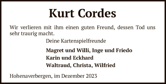 Traueranzeige von Kurt Cordes von SYK