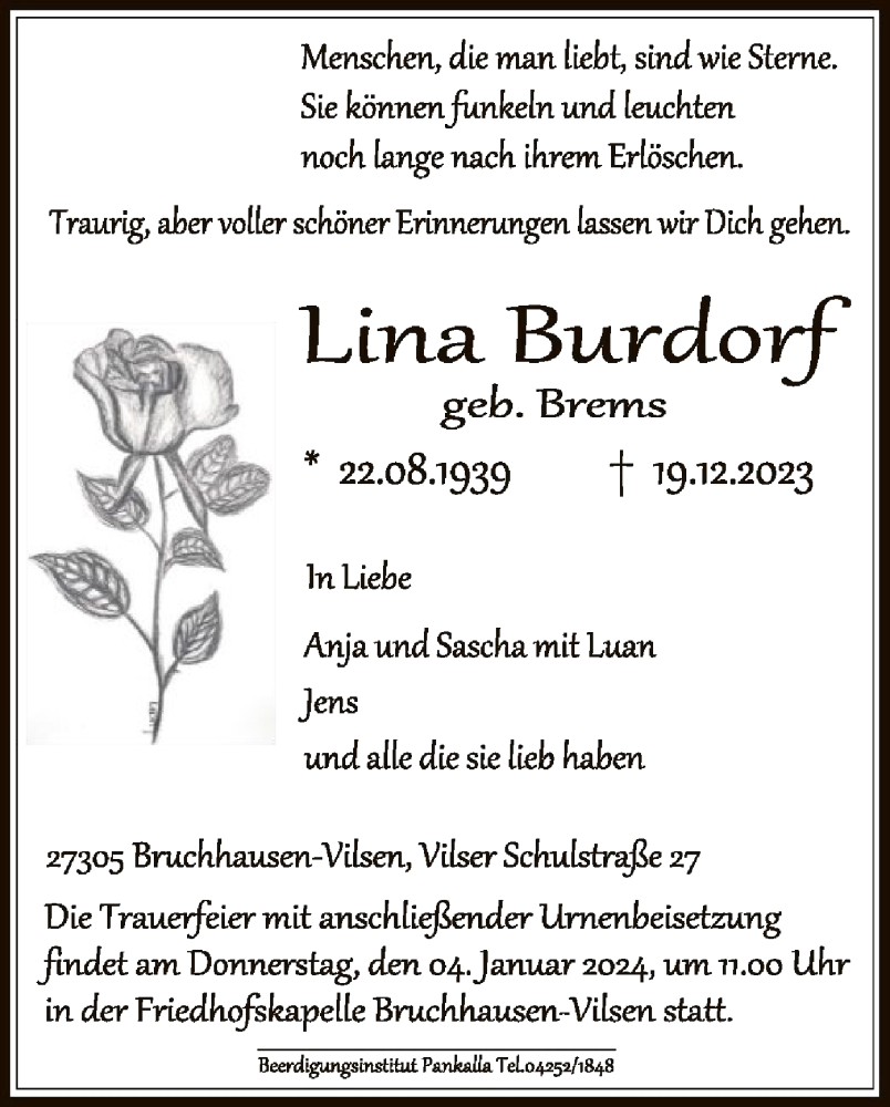  Traueranzeige für Lina Burdorf vom 23.12.2023 aus SYK