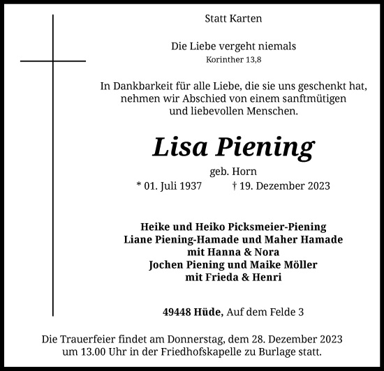 Traueranzeige von Lisa Piening von SYK