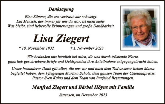 Traueranzeige von Lisa Ziegert von SYK