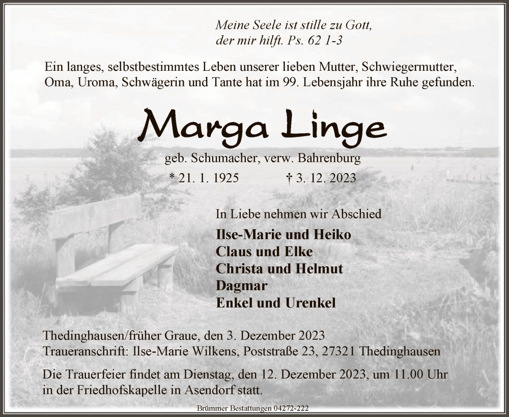  Traueranzeige für Marga Linge vom 06.12.2023 aus SYK