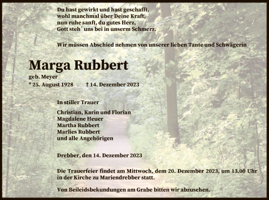 Traueranzeige von Marga Rubbert von SYK