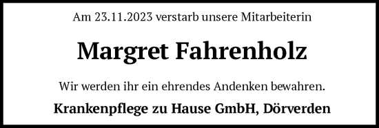 Traueranzeige von Margret Fahrenholz von SYK