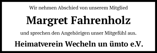 Traueranzeige von Margret Fahrenholz von SYK