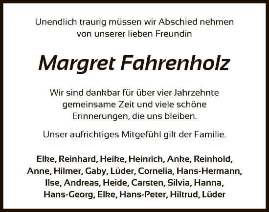 Traueranzeige von Margret Fahrenholz von SYK