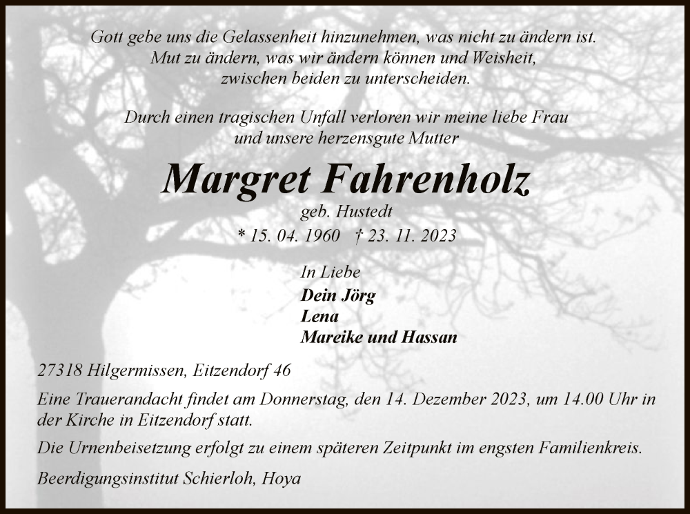  Traueranzeige für Margret Fahrenholz vom 02.12.2023 aus SYKSYK