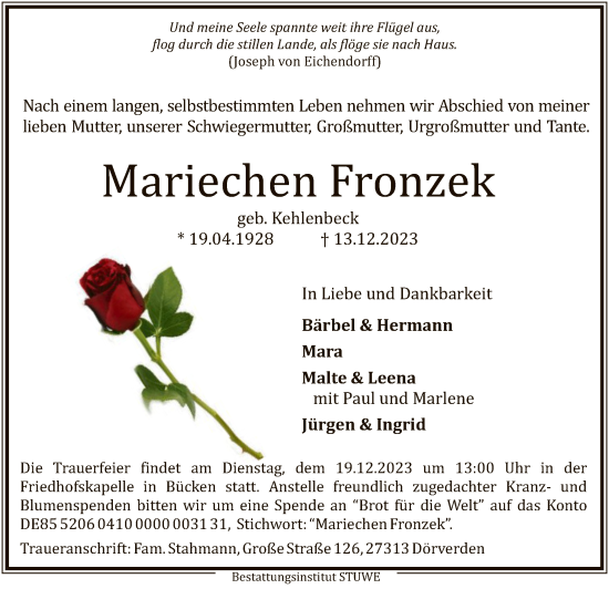 Traueranzeige von Mariechen Fronzek von SYK