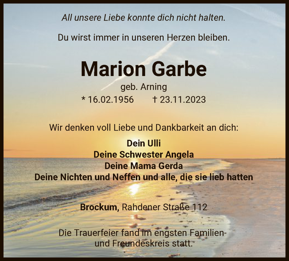  Traueranzeige für Marion Garbe vom 08.12.2023 aus SYK