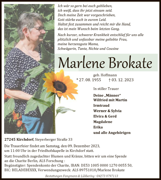 Traueranzeige von Marlene Brokate von SYK