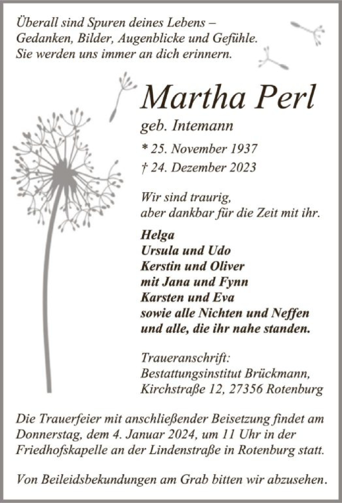 Traueranzeige für Martha Perl vom 30.12.2023 aus SYK
