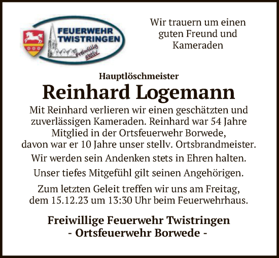 Traueranzeige von Reinhard Logemann von SYK