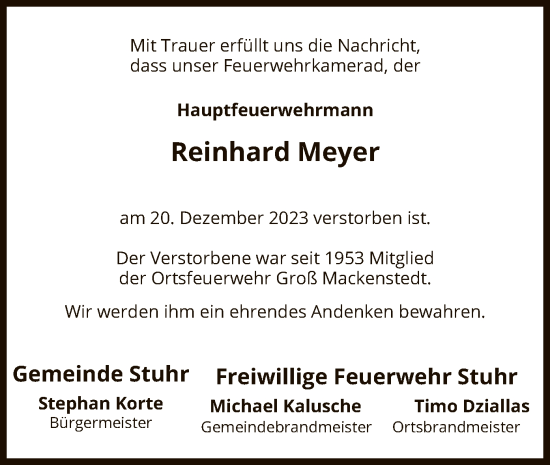 Traueranzeige von Reinhard Meyer von SYK