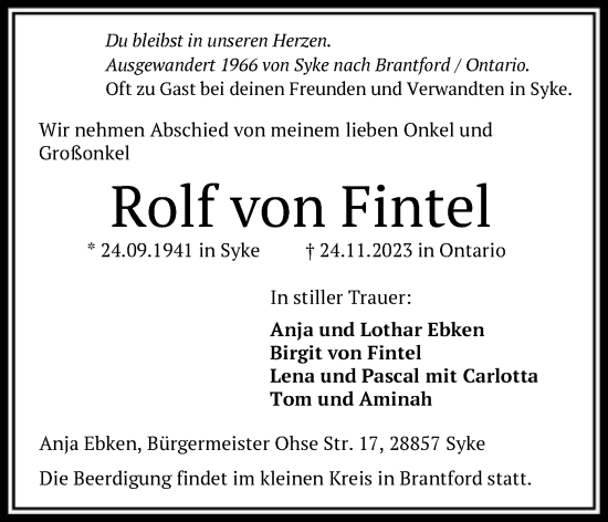 Traueranzeige von Rolf von Fintel von SYK